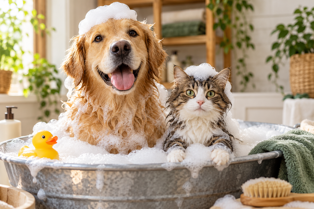 hond en kat samen in bad